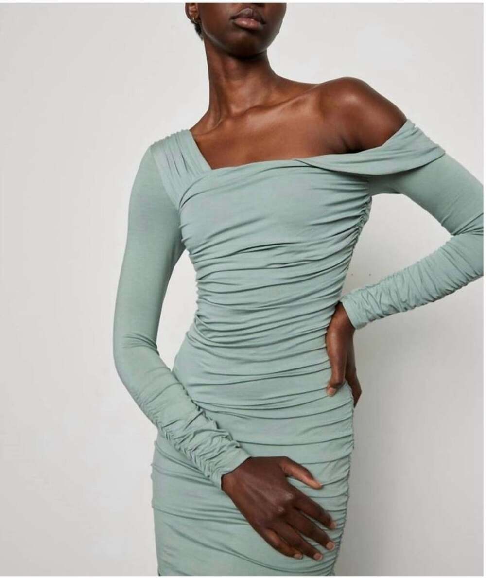 Bailey 44 Women's Long Sleeve Off-Shoulder Ruched Bodycon Mini Dress in Sage Gre